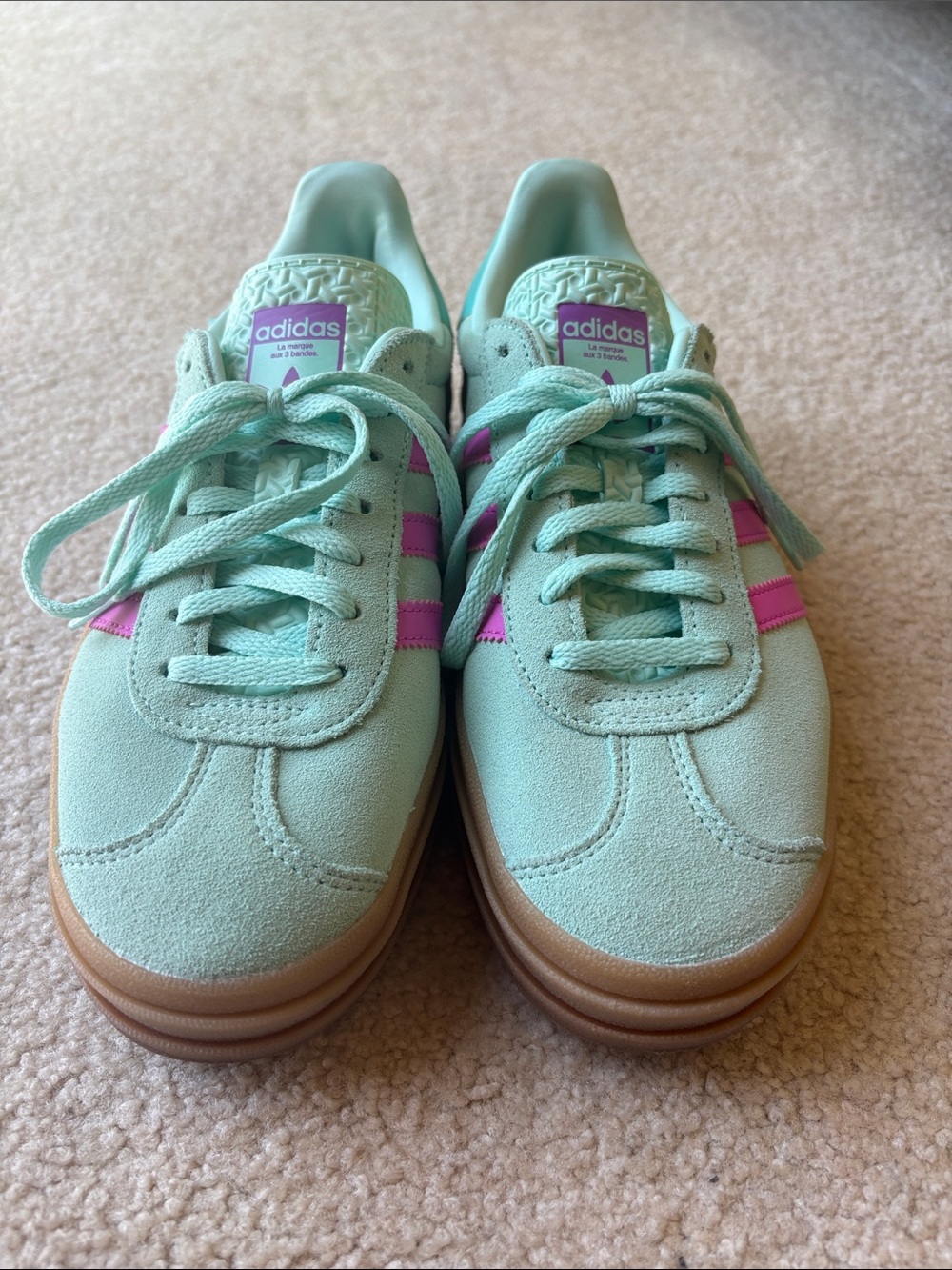 adidas Women's Mint Green Suede Sneakers with Pink Stripes- Gazelle - Picture 6 of 9